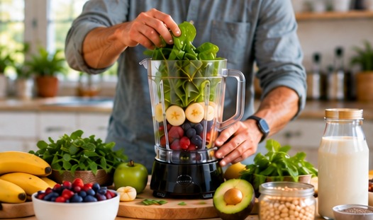 Fresh fruit, leafy greens and a blender being prepared for a smoothie