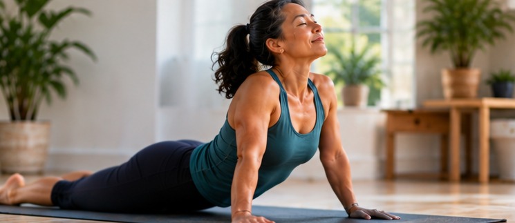 A woman over 50 stretching on a yoga mat in a bright room