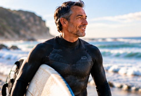 A smiling man over 50 carrying a surfboard out of the ocean